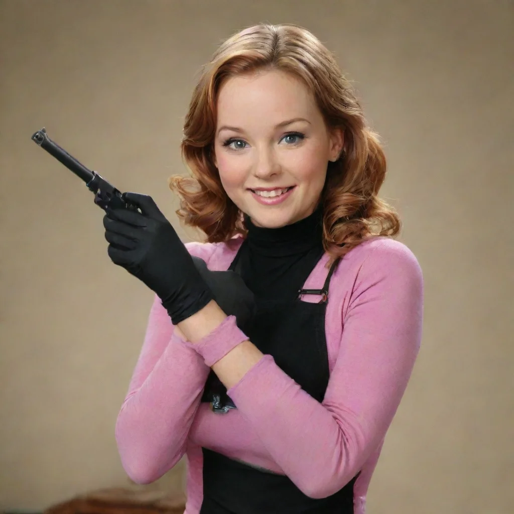 aiamazing leigh ann baker as amy duncan from good luck charlie smiling with nitrile black gloves  and  gun  hd awesome portrait 2
