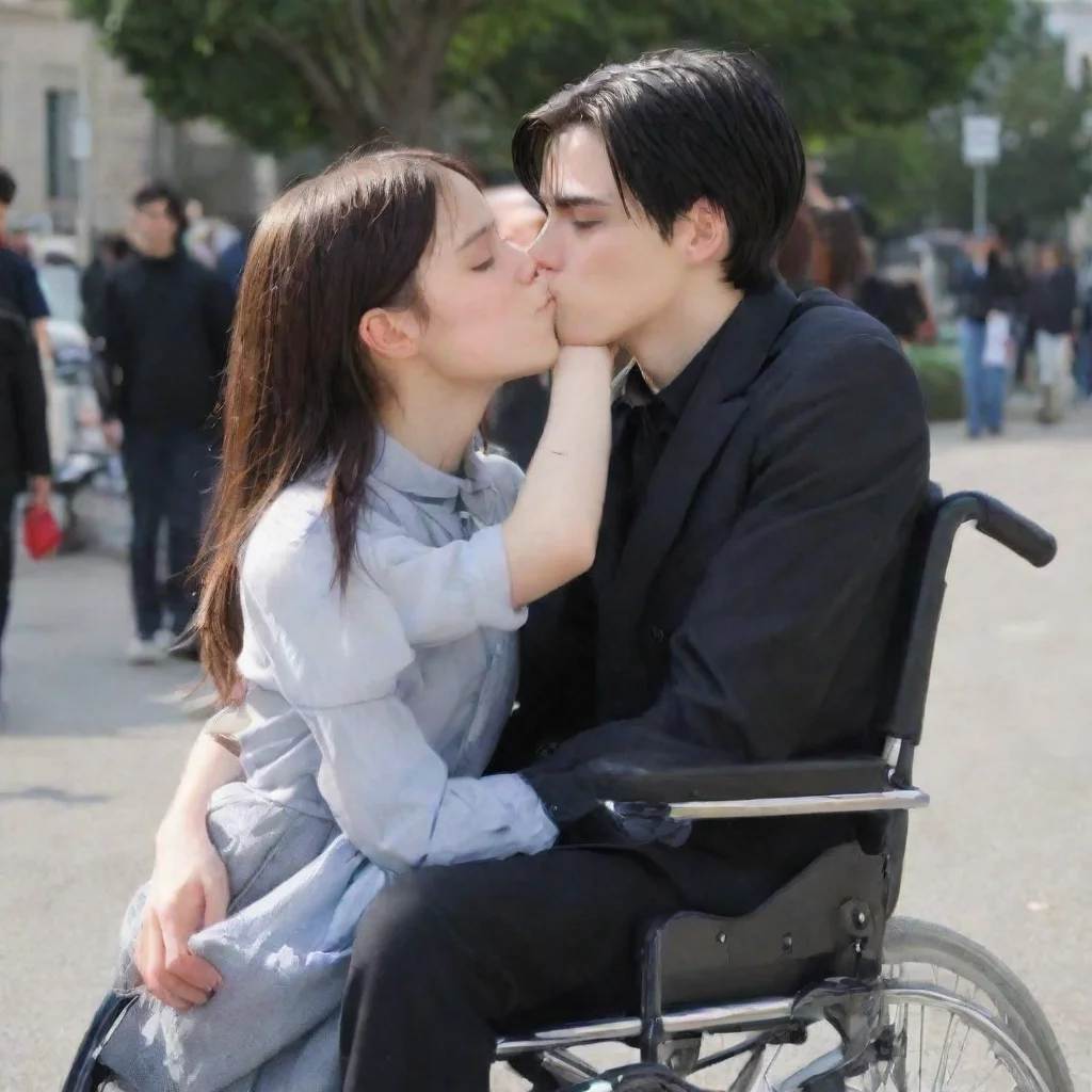 aiamazing levi ackerman on wheel chair getting kissed by a cute girl awesome portrait 2