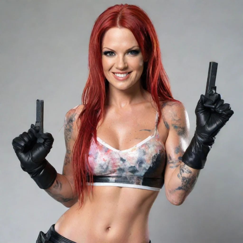 aiamazing lita wwe smiling  with black nitrile gloves and gun  and  mayonnaise splattered everywhere awesome portrait 2