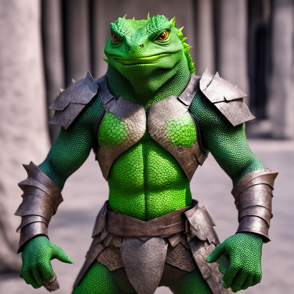 aiamazing lizard warrior selfie  strong stance%2C hands in pockets calm armored 