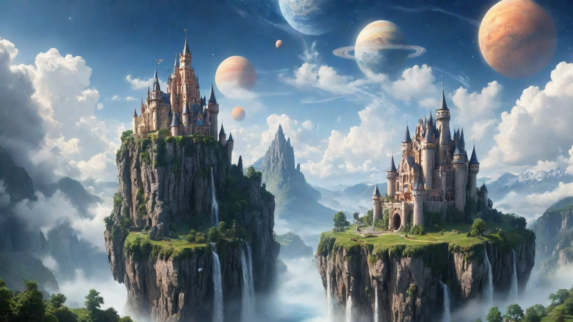 aiamazing logo saying stable diffusion   peaceful castle in sky epic floating castle on floating cliffs with waterfalls down beautiful sky with saturn planets awesome portrait 2 wide