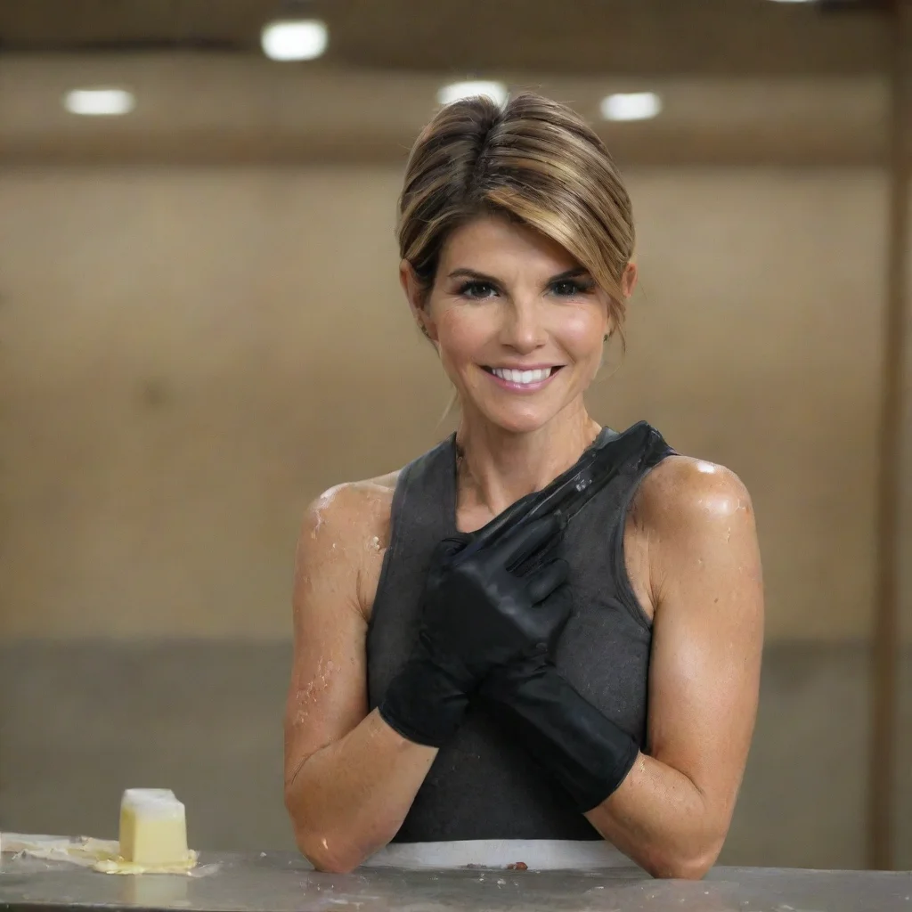 amazing lori loughlin  smiling with black nitrile gloves and gun at a shooting range and mayonnaise splattered everywhere awesome portrait 2