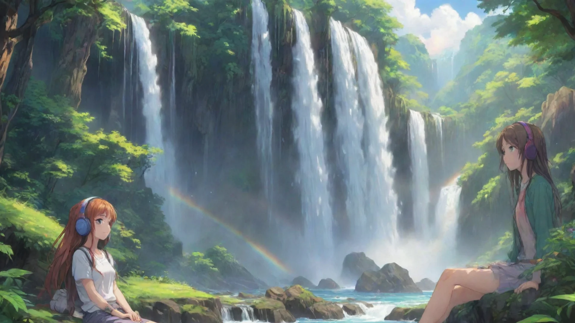 aiamazing lowfi relaxing calming chill girl with headphones on colorful chilling relaxing with lush wonderful environment waterfalls rainbows hd anime awesome portrait 2 wide