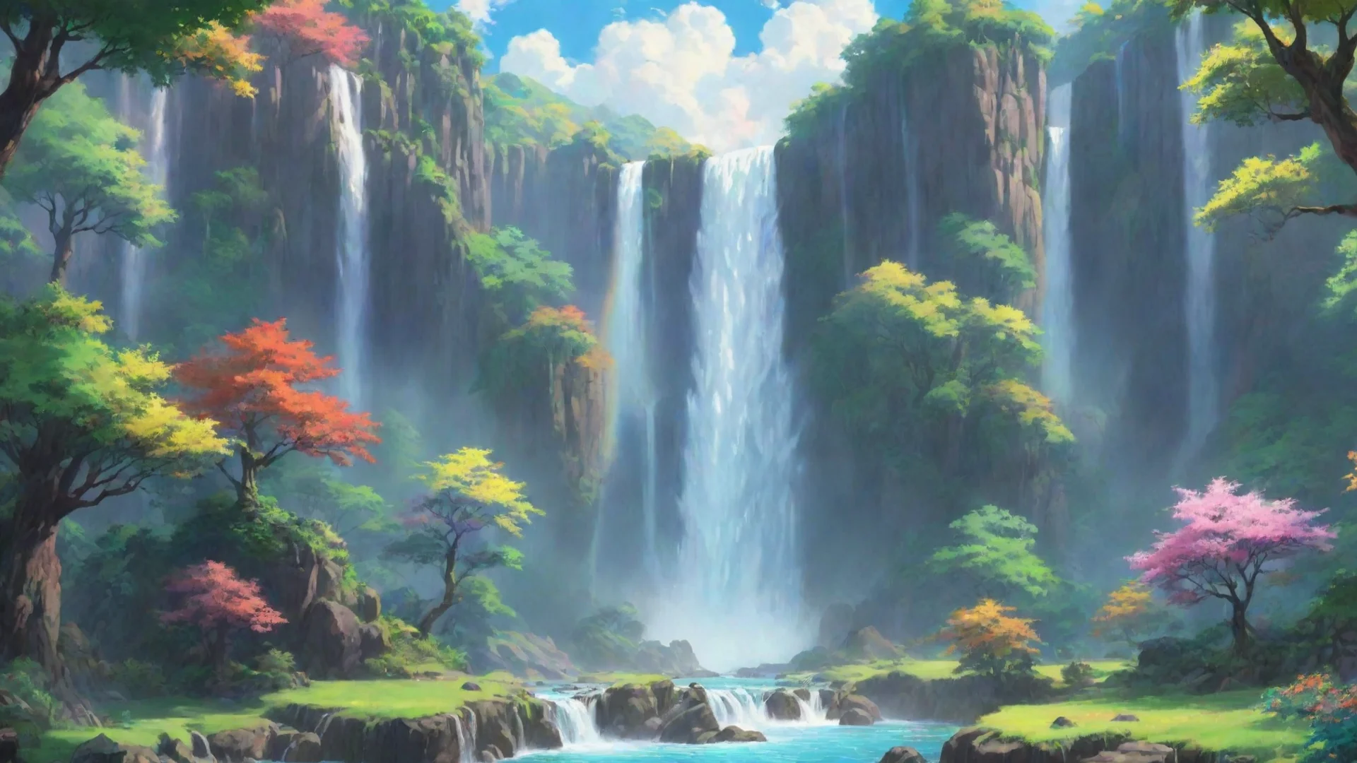 aiamazing lowfi relaxing calming on colorful chilling relaxing with lush wonderful environment waterfalls rainbows hd ghibli fantasy fantastic awesome portrait 2 wide