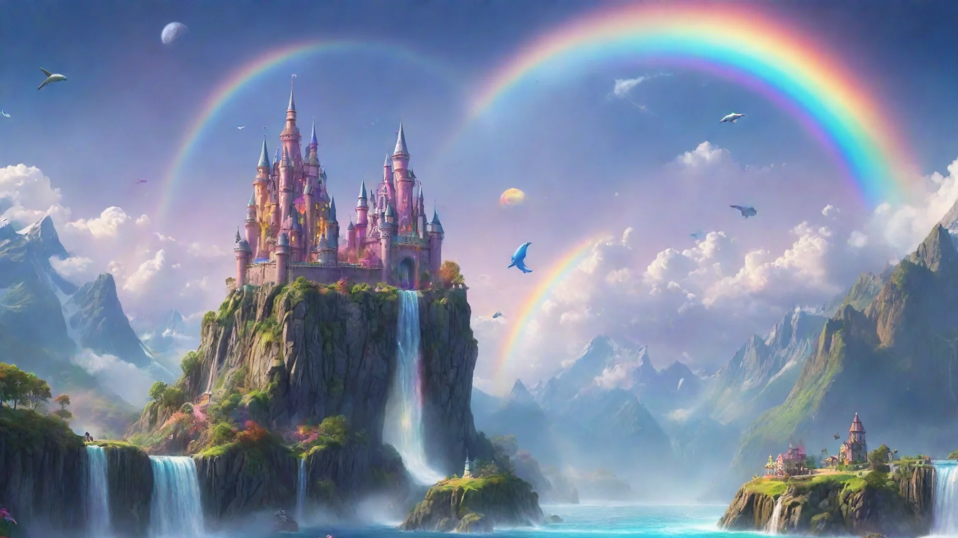 amazing magical world flying whale castle in skky planets waterfall rainbow aesthetic omg colorful  awesome portrait 2 wide