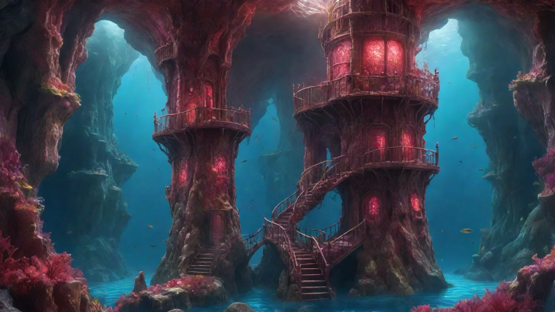 amazing magnificent fantasy watch tower inside ruby crystal in an undersea subterranean landscape highly detailed intricate octa awesome portrait 2 wide