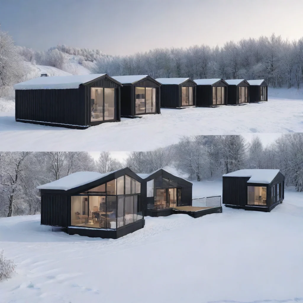 amazing make me a project in the snow with hyperrealistic images 8k of a project of 6 small houses made of modern furnitures and black containers awesome portrait 2