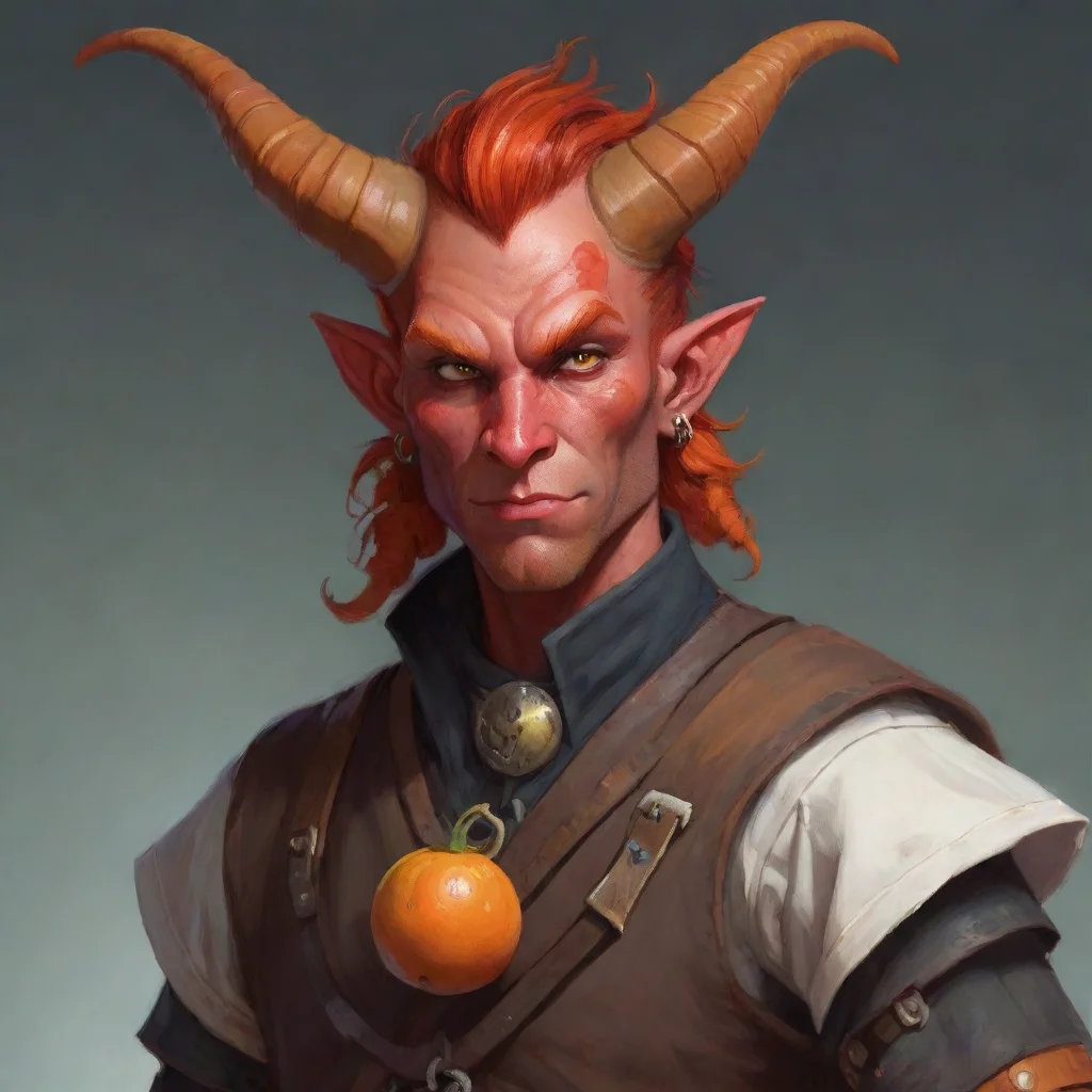 aiamazing male red skinned tiefling with an orange mohawk%2C orange muttonchops%2C large horns%2C and a nose ring%2C wearing a bridle and a kilt awesome portrait 2