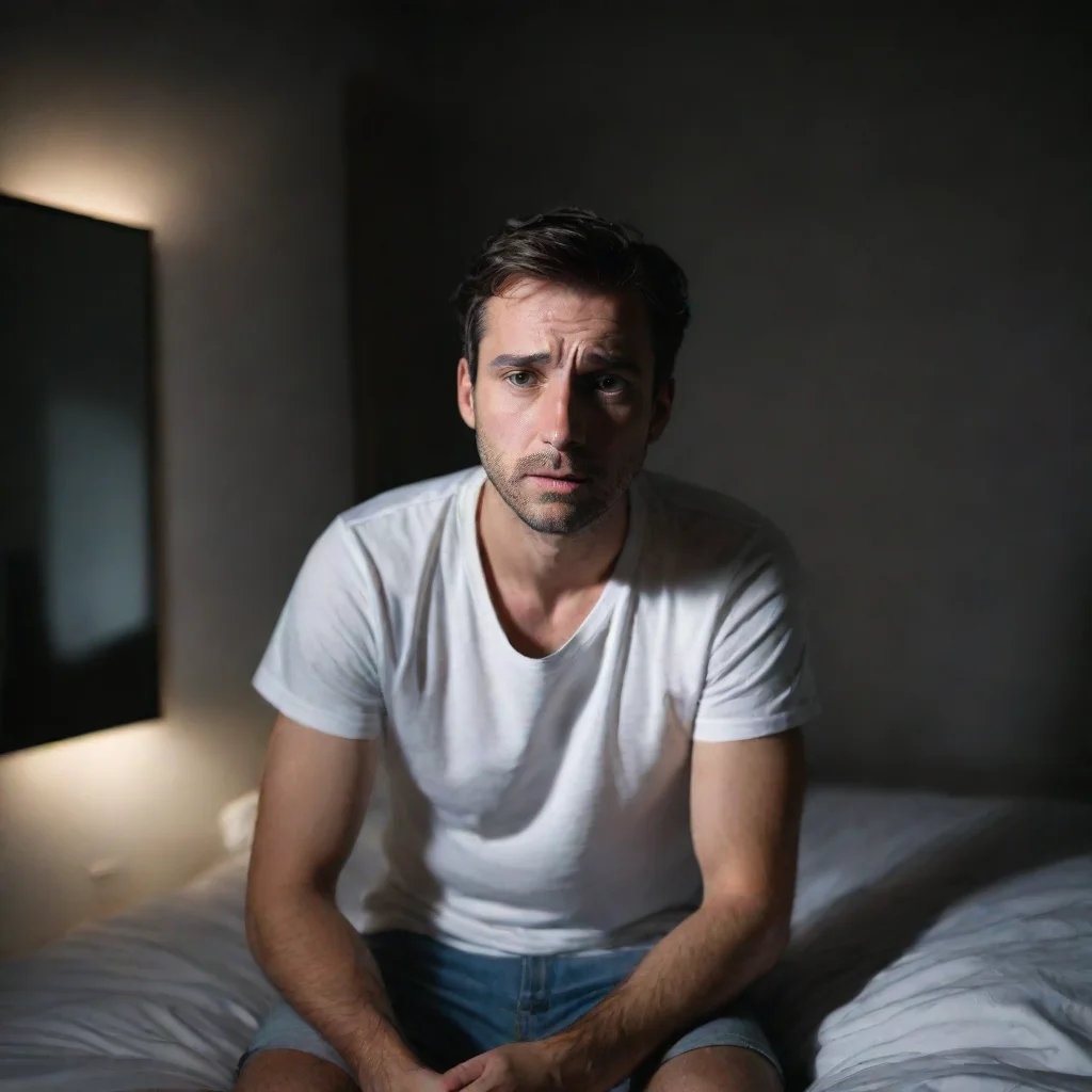 amazing man that looks anxious and stressed in his bedroom its dark and theres a magic white light coming from nowhere shining on him  awesome portrait 2
