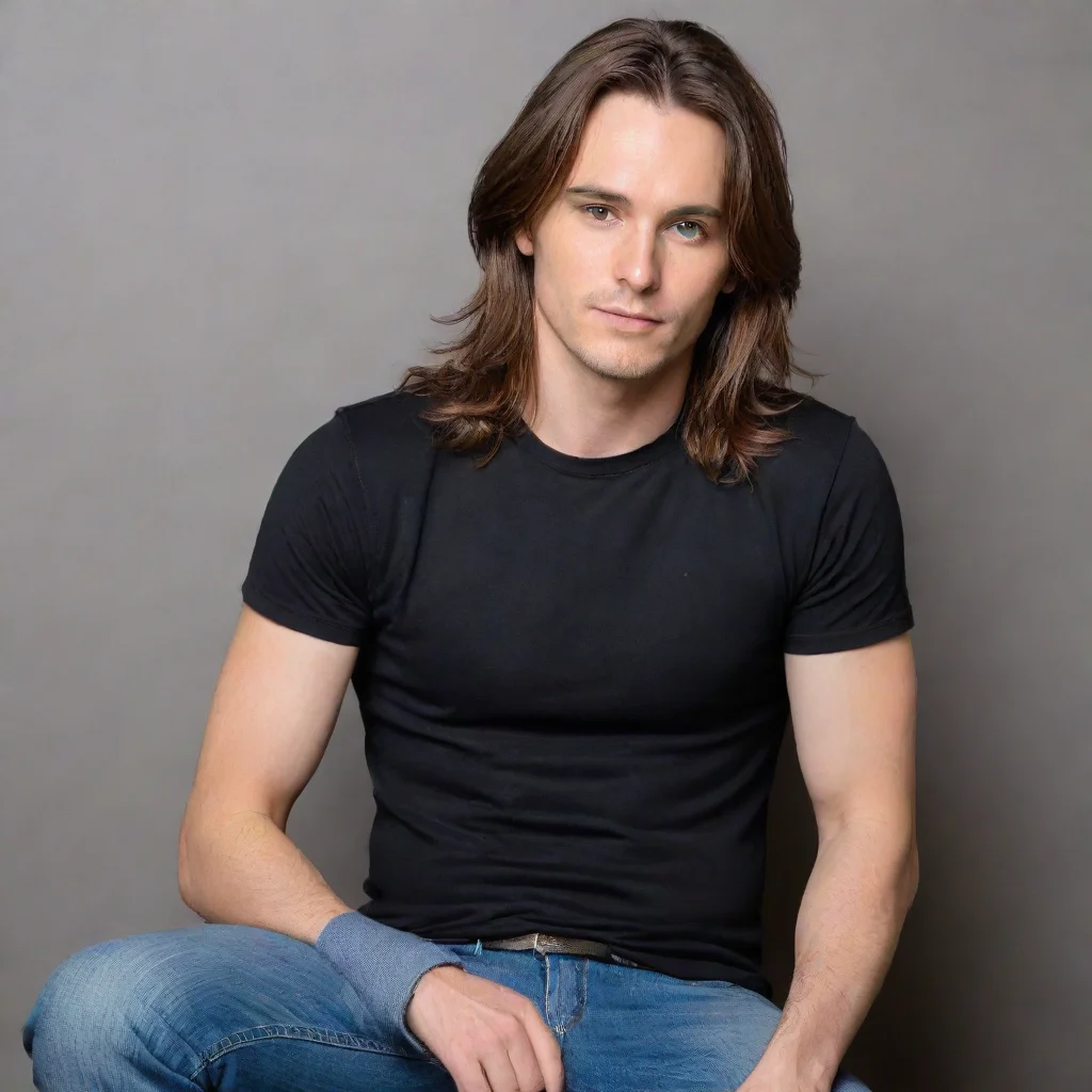 aiamazing man with brown hair%2C brown eyes%2C black t shirt%2C and jeans sitting%2C long hair%2C tummy%2C tight shirt%2C narrow waist awesome portrait 2
