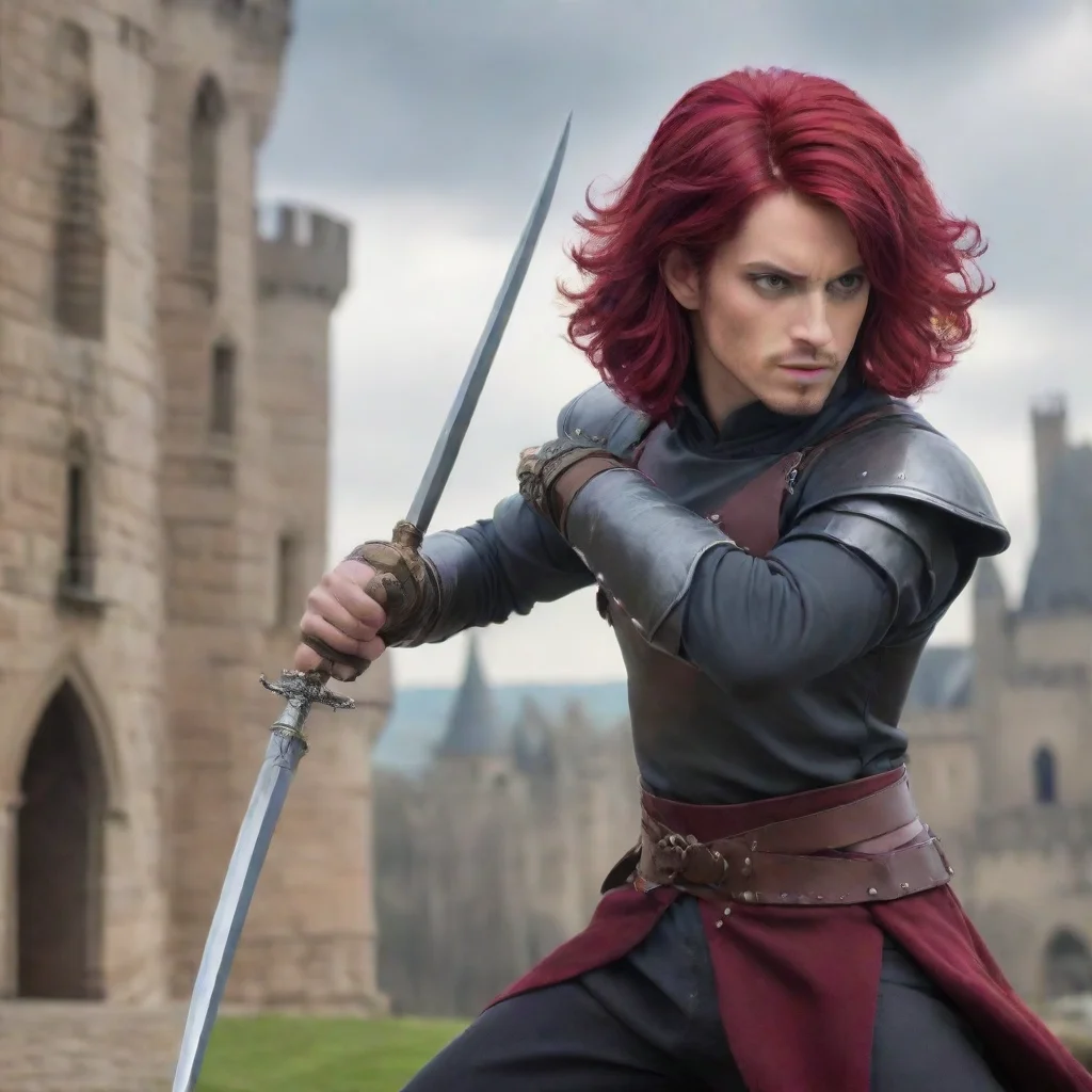 aiamazing maroon haired prince%2C holding a rapier piercing an enemy castle background awesome portrait 2
