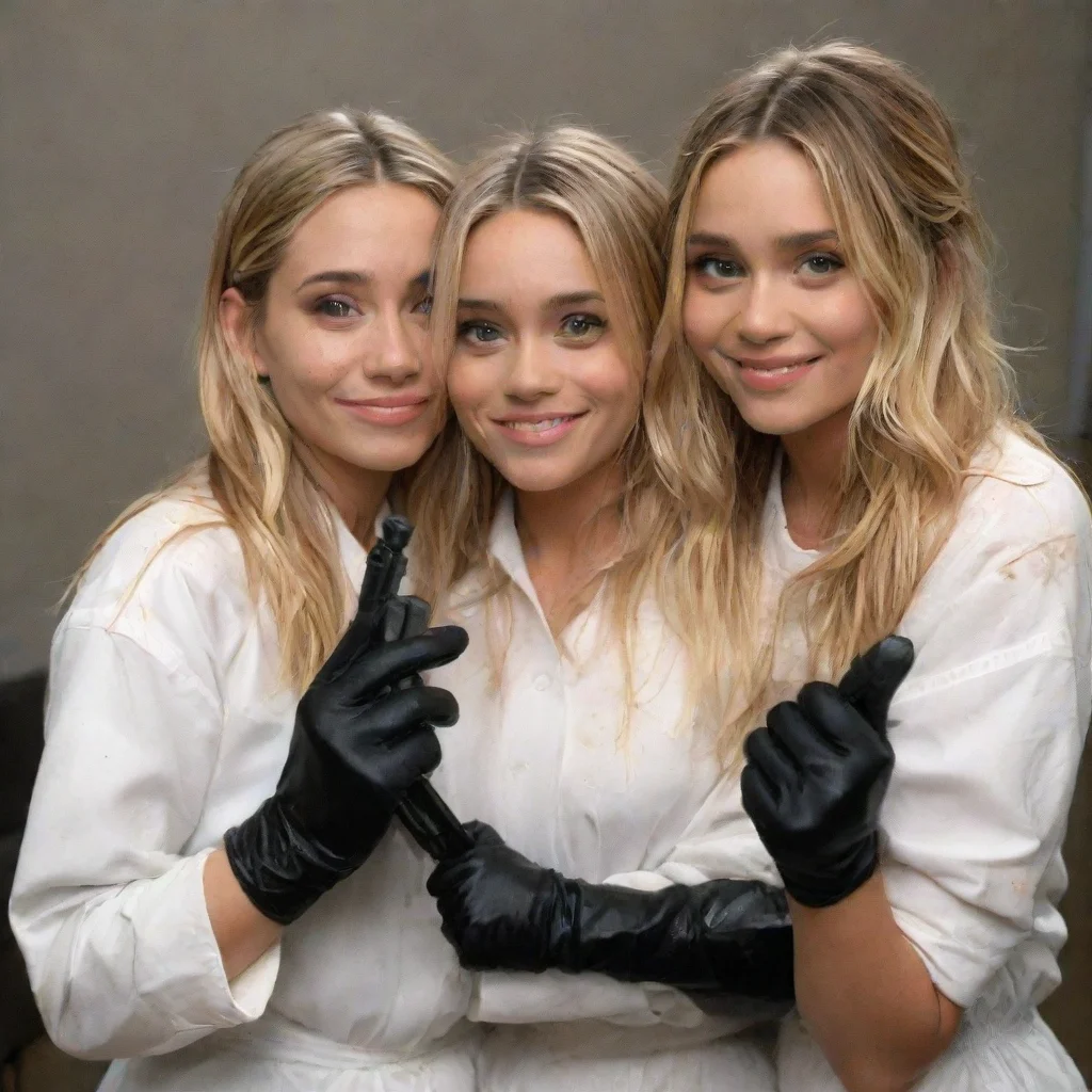 amazing mary kate and ashley olsen  smiling  with black nitrile gloves and gun and mayonnaise splattered everywhere awesome portrait 2