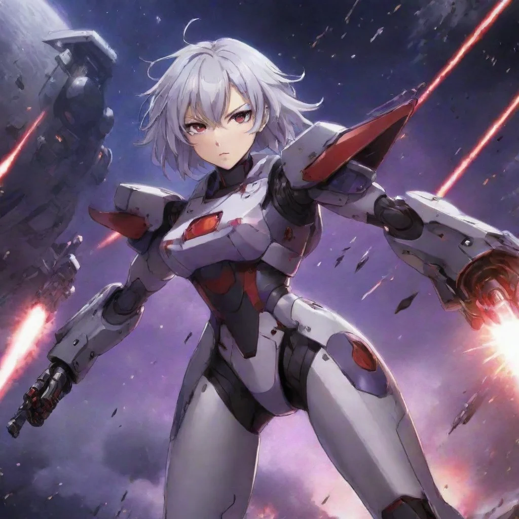 amazing mecha pilot purple red eyes short silver hair anime space background battlecruiser lasers explosions fighting awesome portrait 2