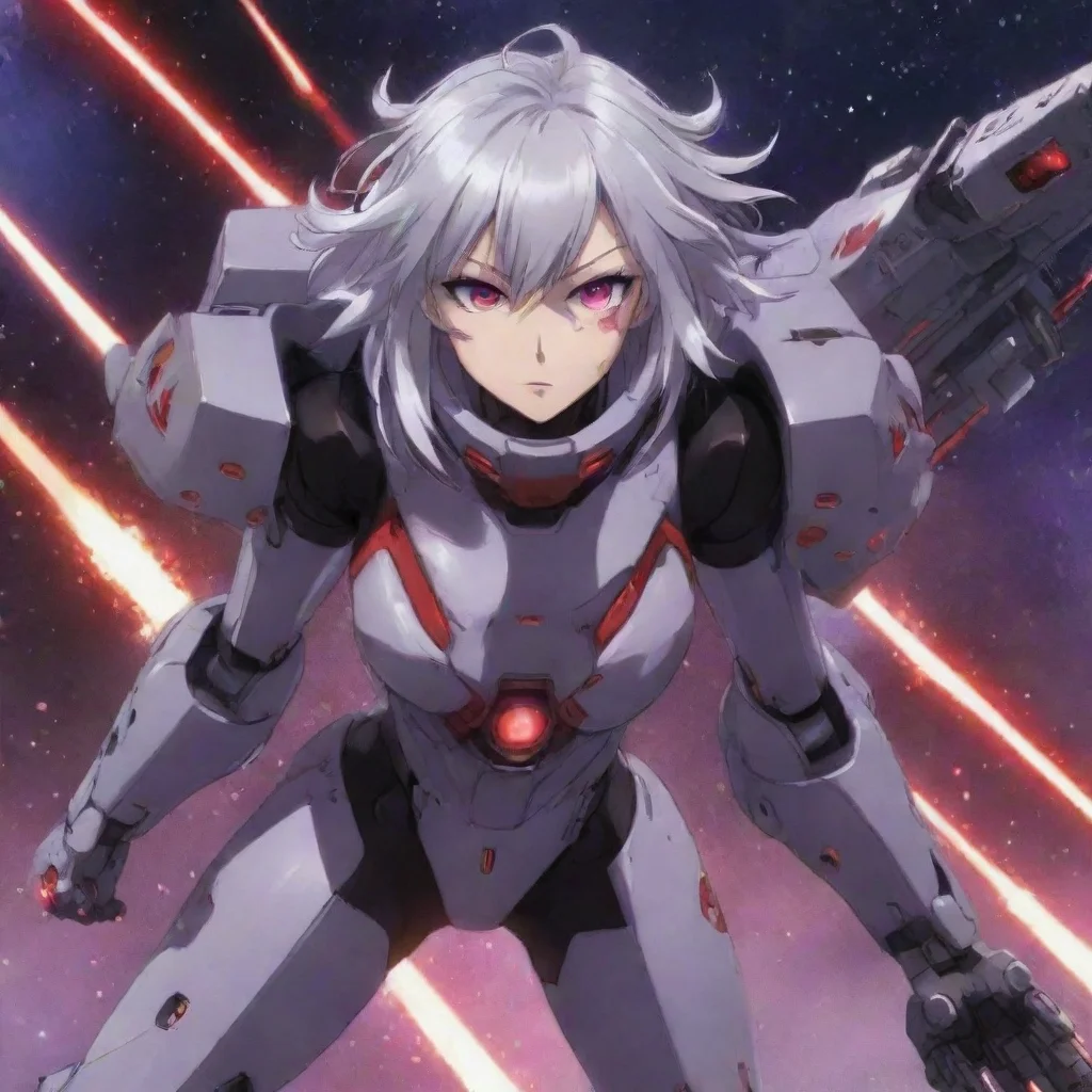 aiamazing mecha pilot purple red eyes shorter silver hair anime space background lasers explosions battlecruiser awesome portrait 2