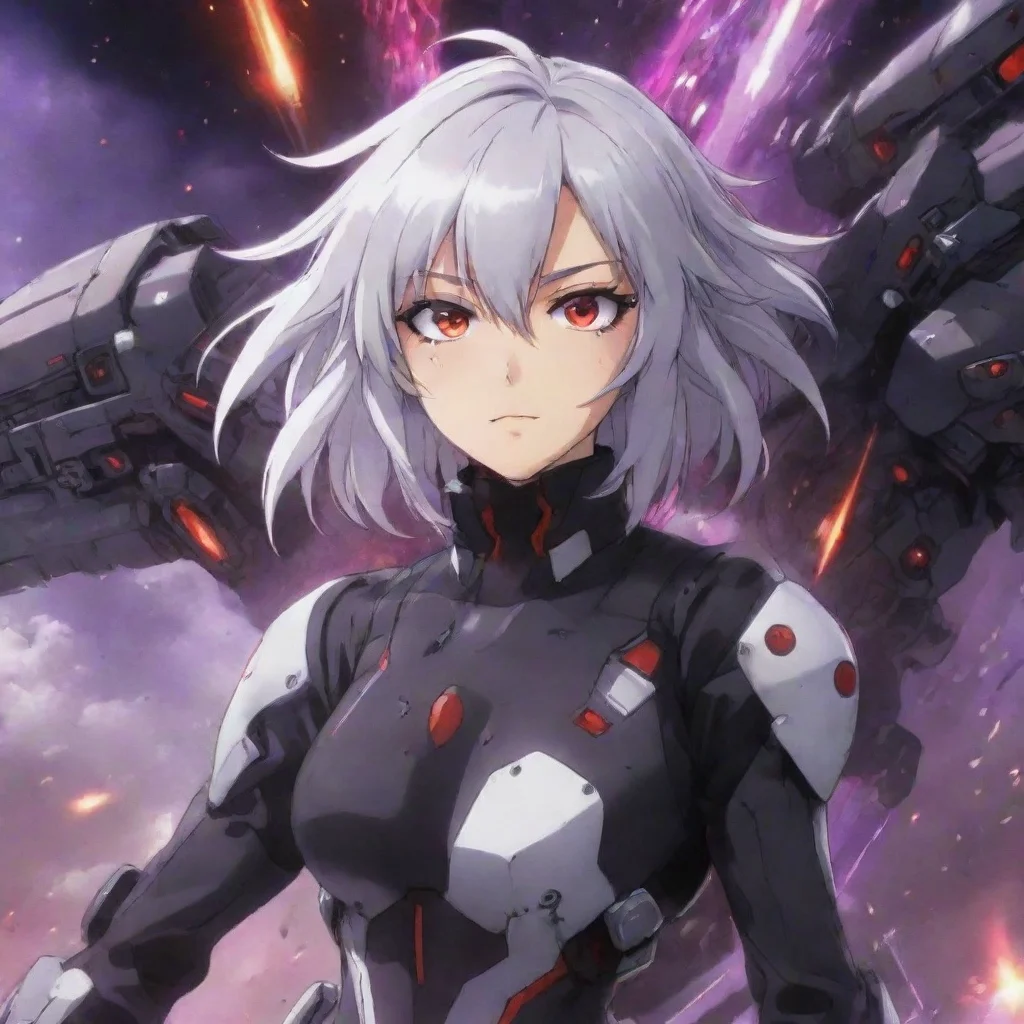 aiamazing mecha pilot purple red eyes silver hair anime space background explosions awesome portrait 2