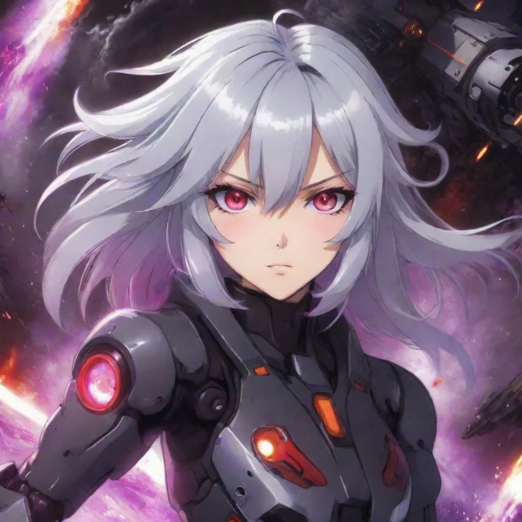 aiamazing mecha pilot red purple eyes silver hair anime space background explosions awesome portrait 2