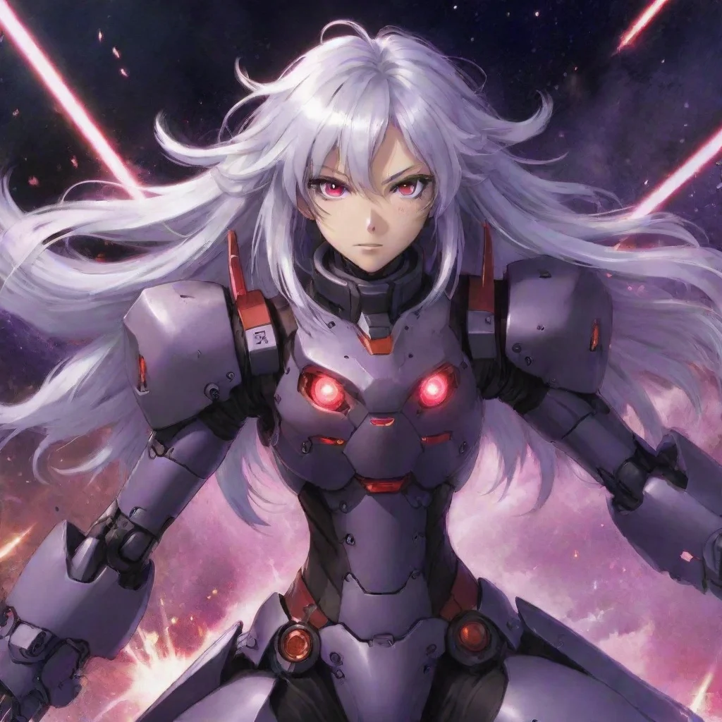 aiamazing mecha pilot red purple eyes silver hair anime space background lasers explosions awesome portrait 2