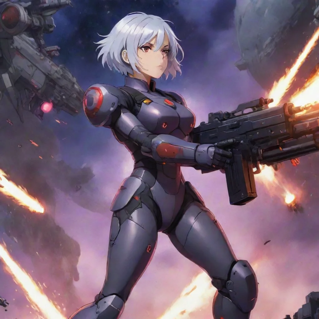 aiamazing mecha pilot with gun%2C purple red eyes%2C short silver hair%2C anime space background%2C battleship%2C fighting%2C explosions%2C lasers awesome portrait 2