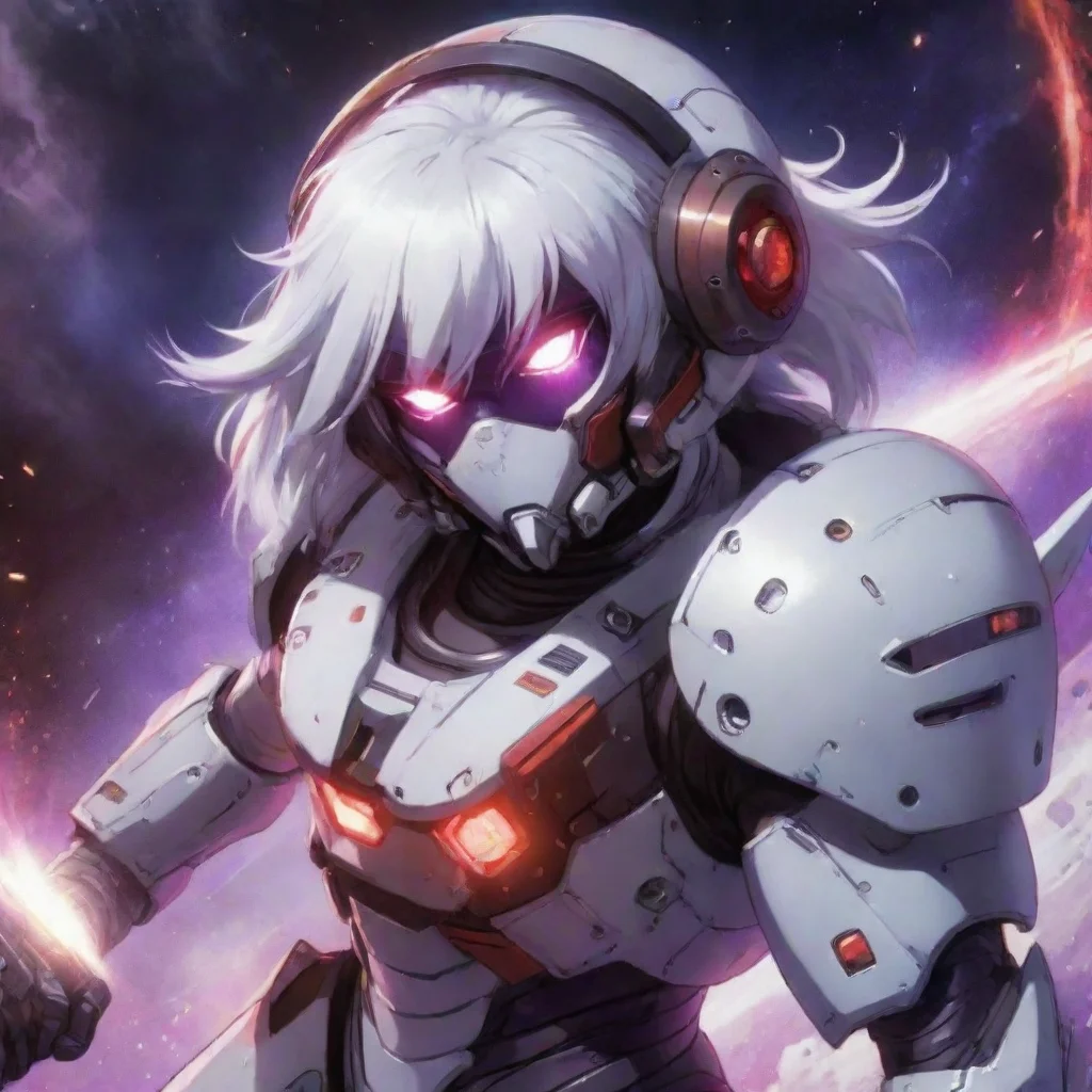 amazing mecha pilot with helmet and spacesuit silver hair red purple eyes anime space background lasers explosions spaceship fighting awesome portrait 2