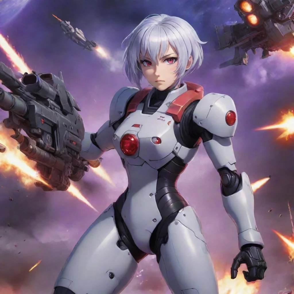 aiamazing mecha pilot with rocket launcher%2C short silver hair%2C purple red eyes%2C anime space background%2C battleship%2C lasers%2C explosions%2C fighting awesome portrait 2