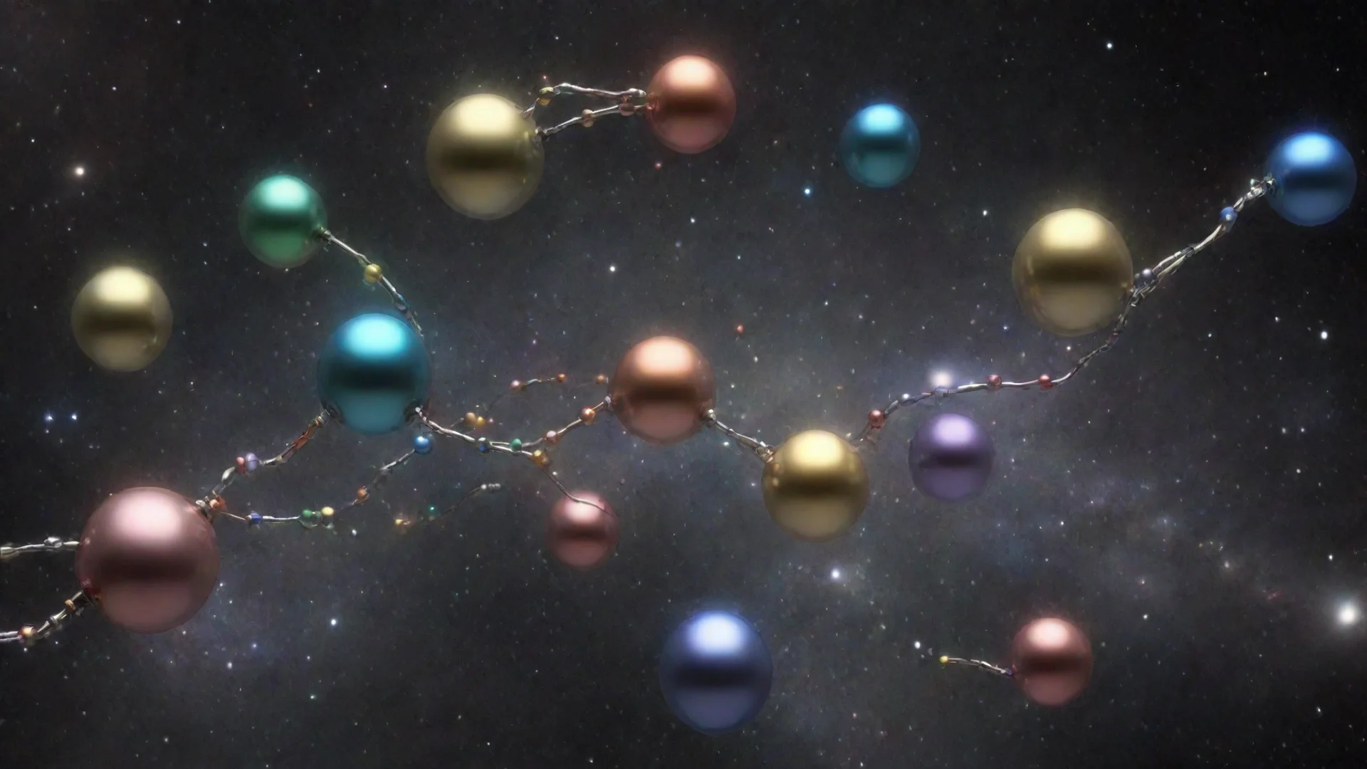 aiamazing metallic multicolored spheres distributed in space and linked by irridescent tubes. awesome portrait 2 wide
