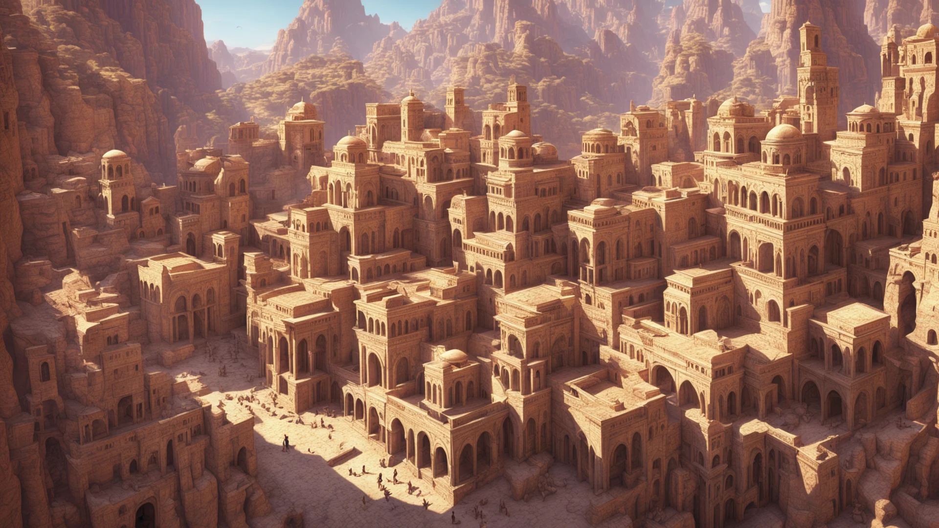 amazing middle eastern city in canyon ornate architecture by marc simonetti natural volumetric lighting long shot realistic 4k octane beautifully detailed render  awesome portrait 2 wide