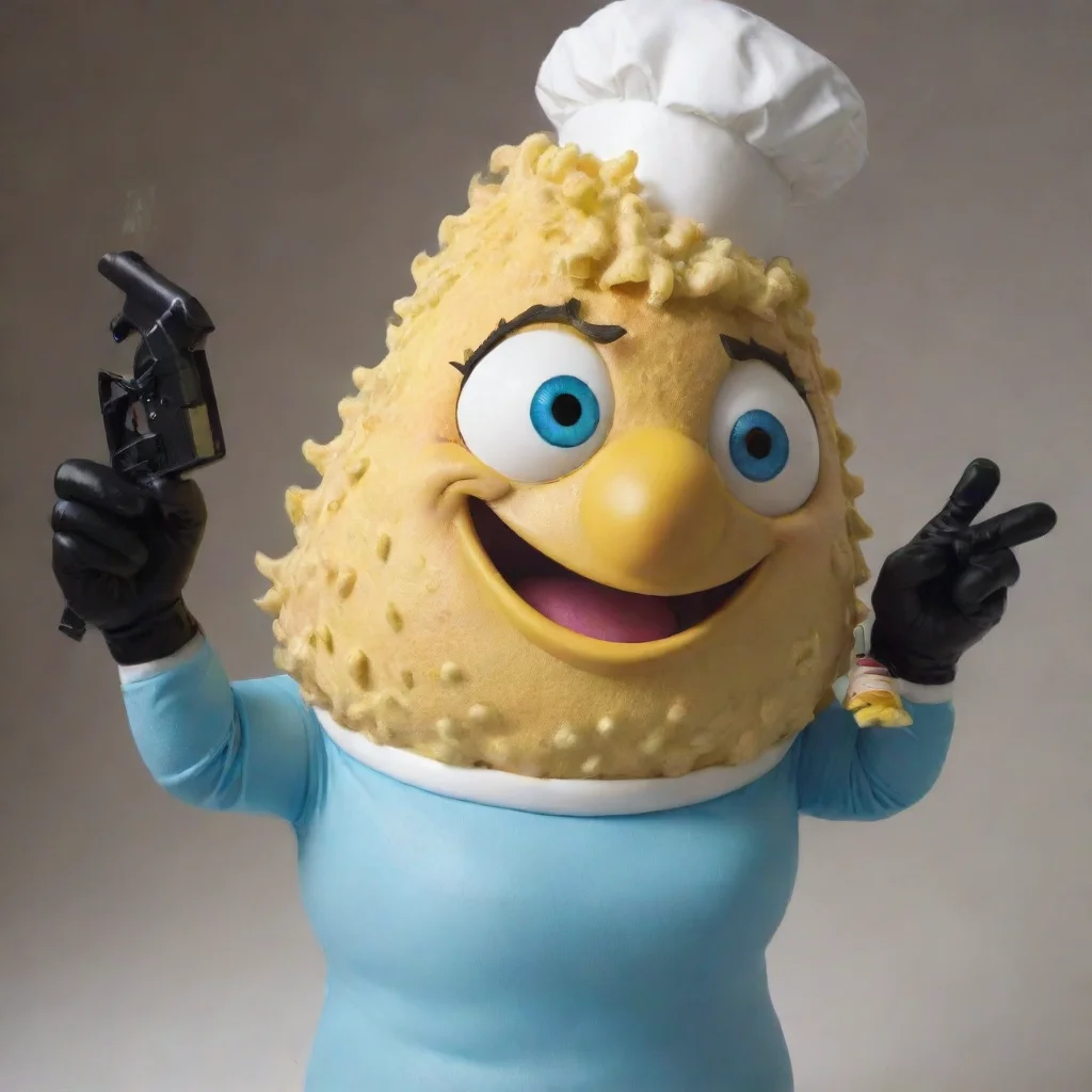 aiamazing mrs. puff smiling with black deluxe nitrile gloves and gun and mayonnaise splattered everywhere awesome portrait 2