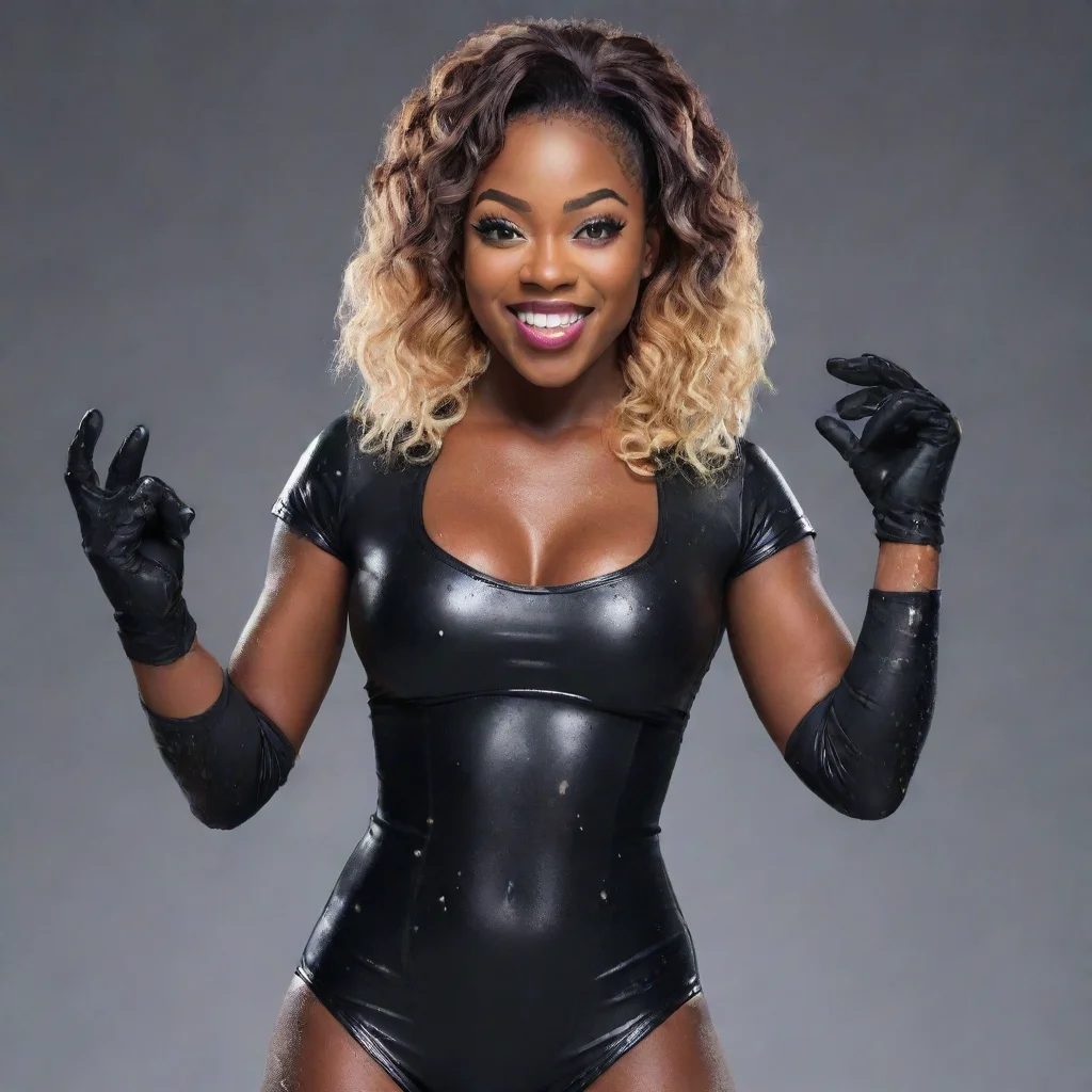 aiamazing naomi wwe smiling  with black nitrile gloves and gun  and  mayonnaise splattered everywhere awesome portrait 2