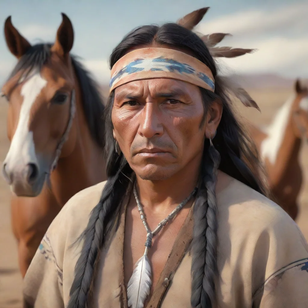 aiamazing native american man portrait in 3d digital art with mustang horses in the background%2C change face anime awesome portrait 2