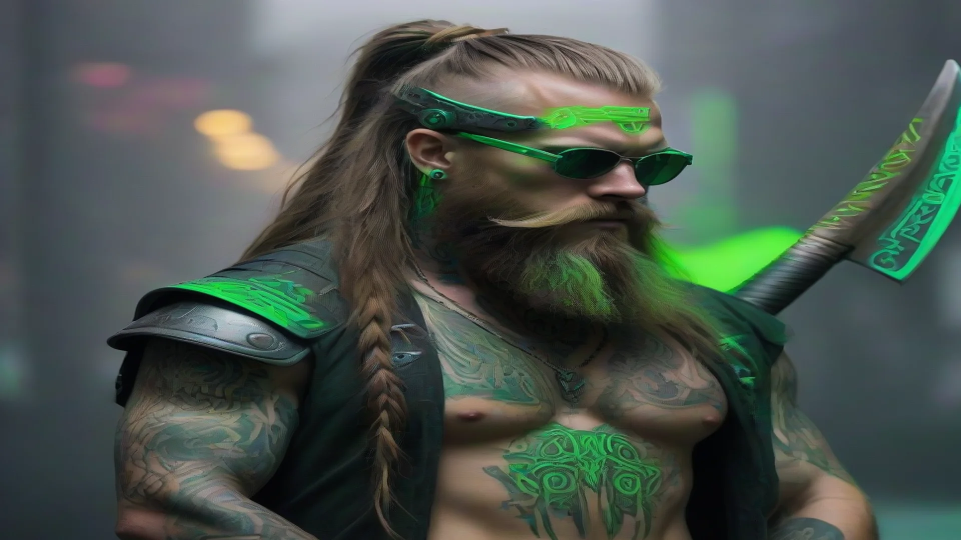 aiamazing neon tattooed cyberpunk viking double axe wild beard long hair matrix green awesome portrait 2 wide
