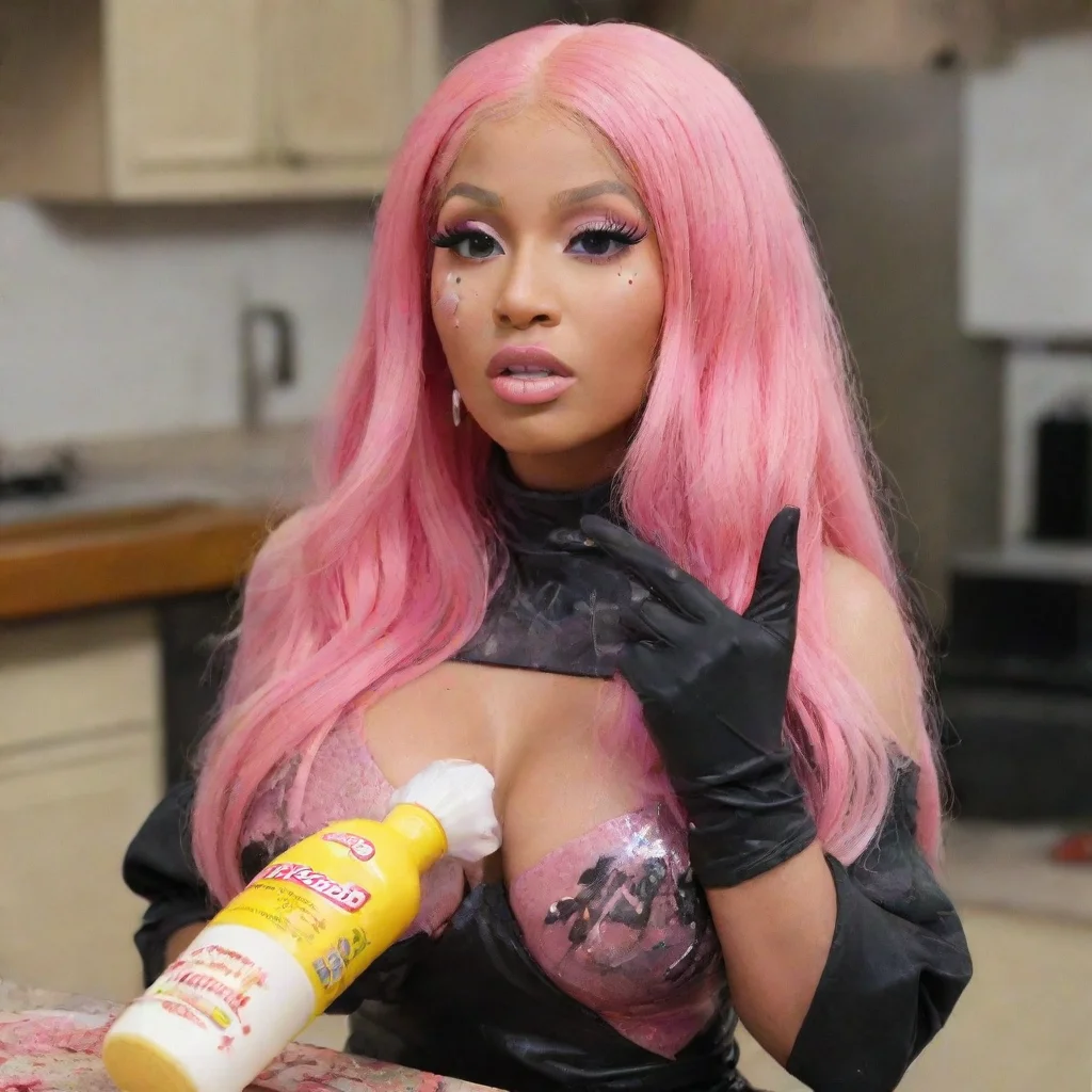 aiamazing nicki minaj  with black deluxe nitrile gloves and gun and mayonnaise splattered everywhere awesome portrait 2