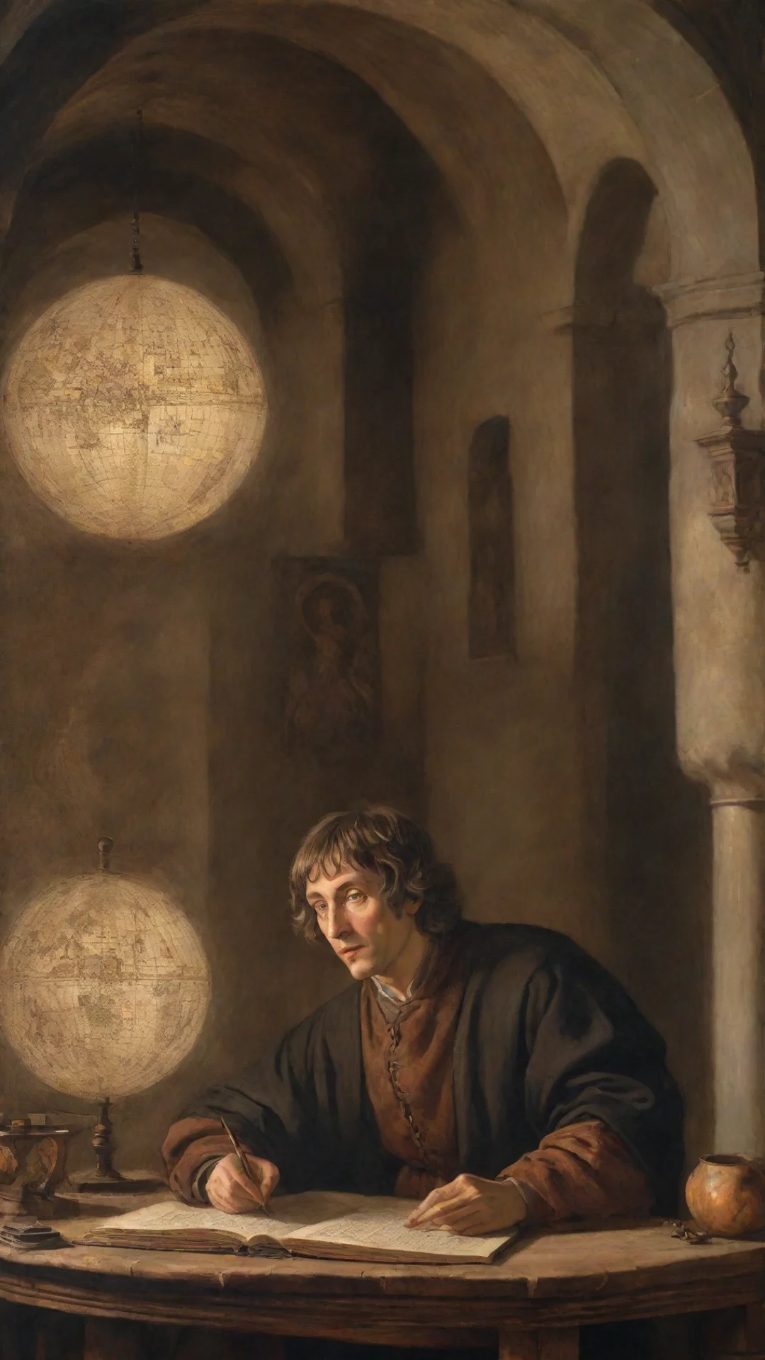 aiamazing nicolaus copernicus studies on his heliocentric idea in a christian monastery in the morning%2C medieval%2C beautiful lighting%2C pyrography awesome portrait 2 tall