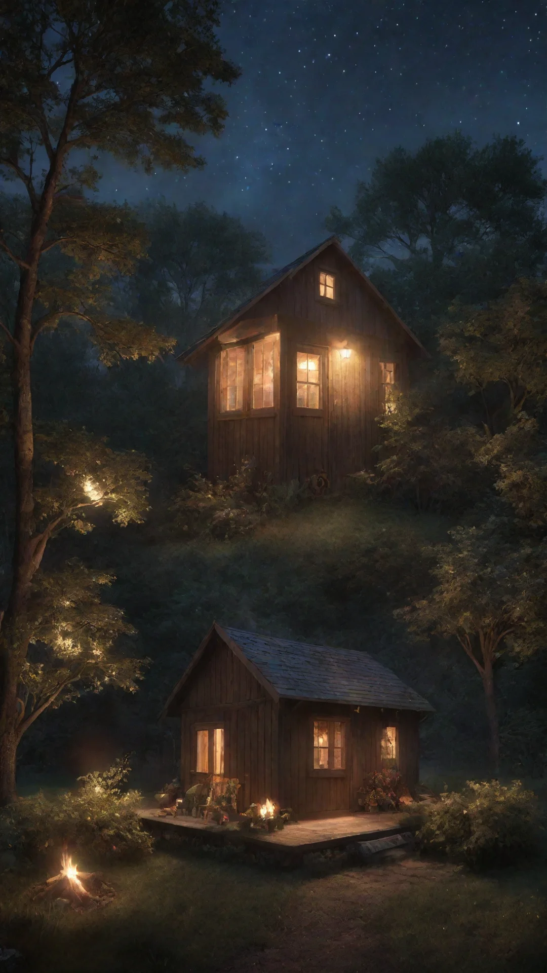 aiamazing night time shed with stars and trees with a warm glow from the windows and a smoking fire. magical and hyper realistic awesome portrait 2 tall