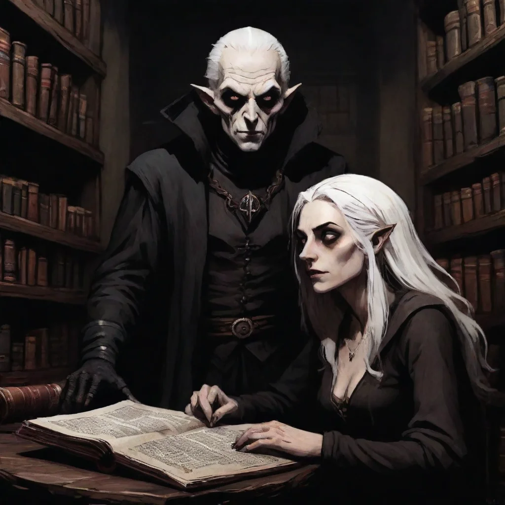 amazing nosferatu and white haired woman in a bookstore darkest dungeon uplight awesome portrait 2