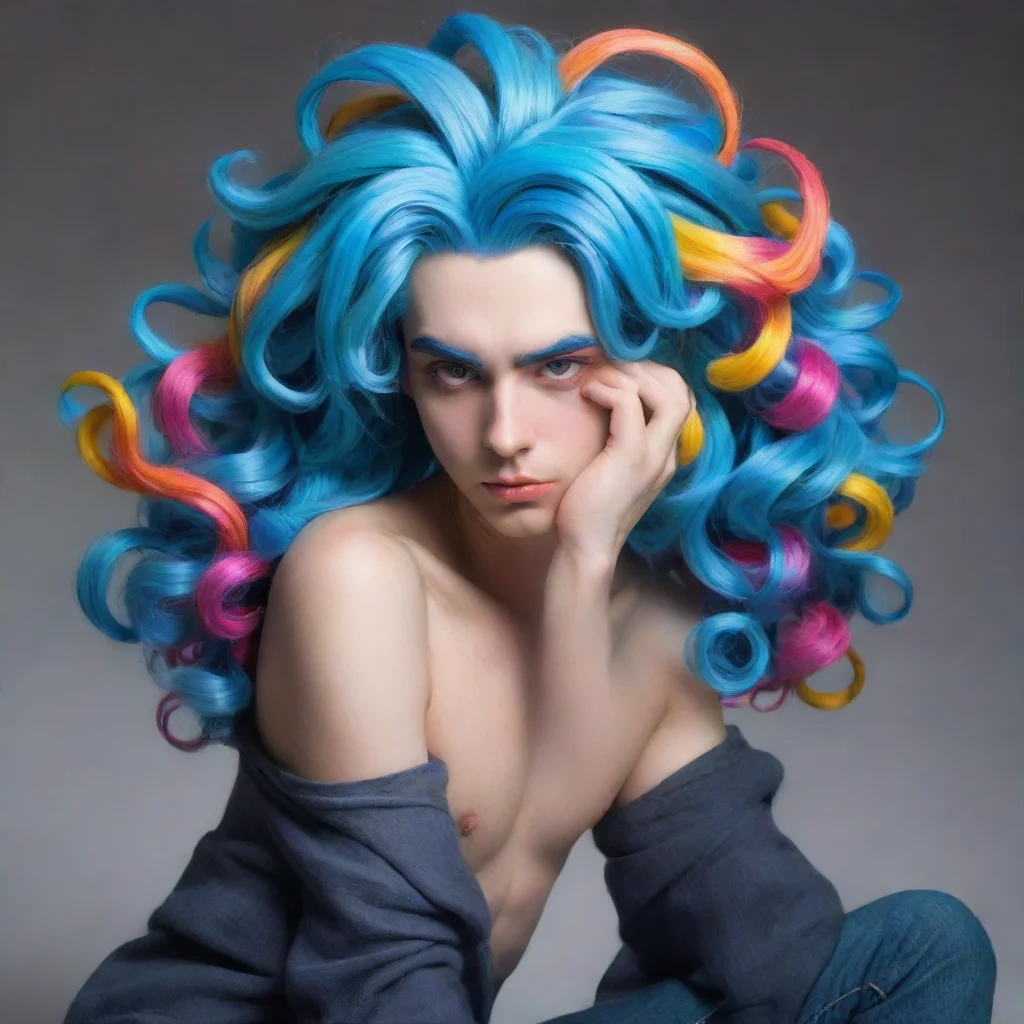 amazing nostalgic colorful vorenexus vore narrator male with thick blue hair that falls down behind his head to meet at one side by wrapping around him forming two curls tied up together near where 
