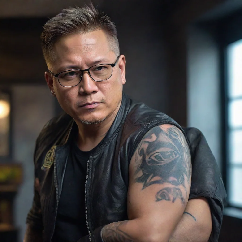 amazing nvidia arm jensen huang tatoo sexy glasses strong masculine ripped dramatic hd amazing shot aesthetic arm shoulder tatoo leather jacket ripped awesome portrait 2