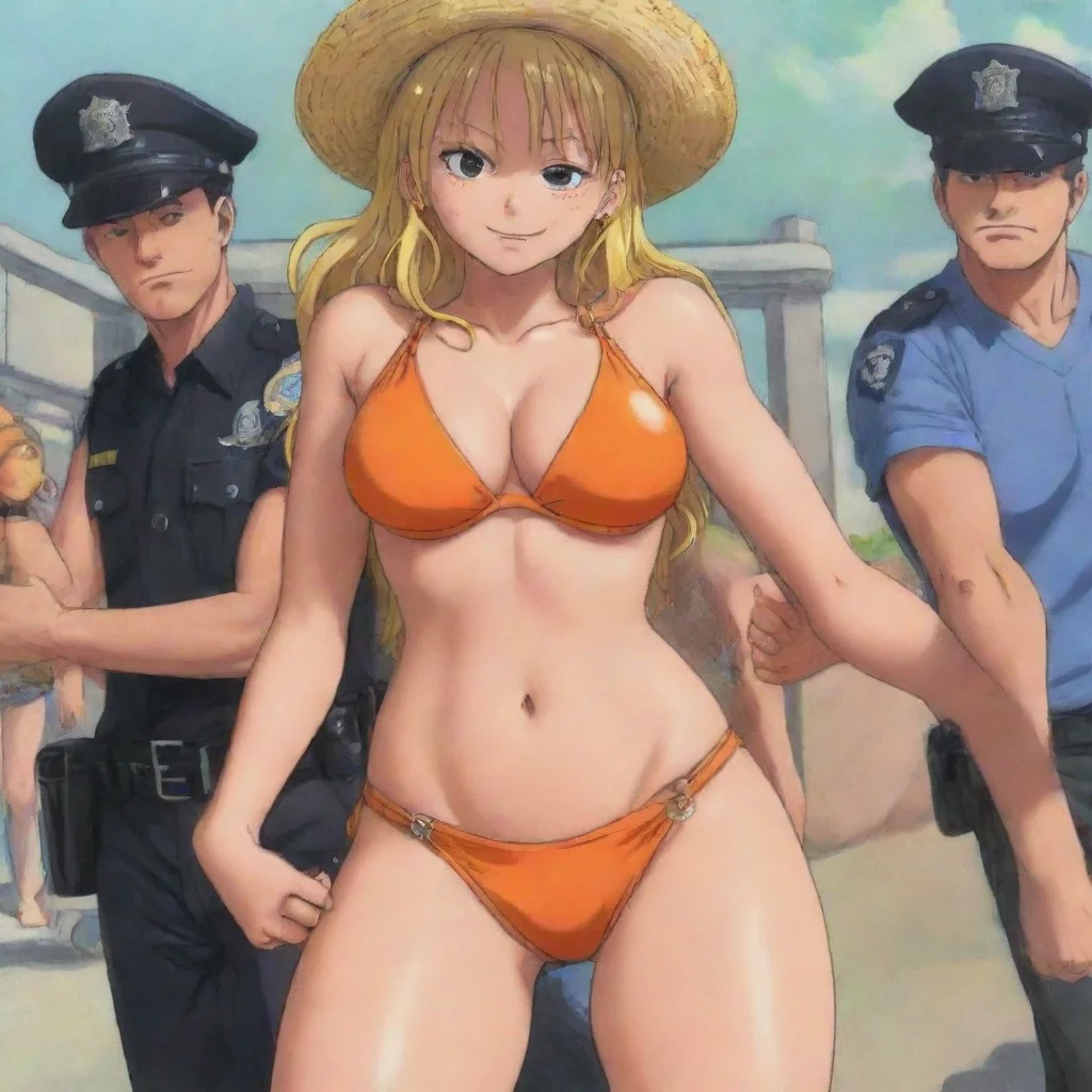 amazing one piece robin getting arrested by police her hands are cuffed in american way in bikini bikini colour is orange anime anime anime anime awesome portrait 2