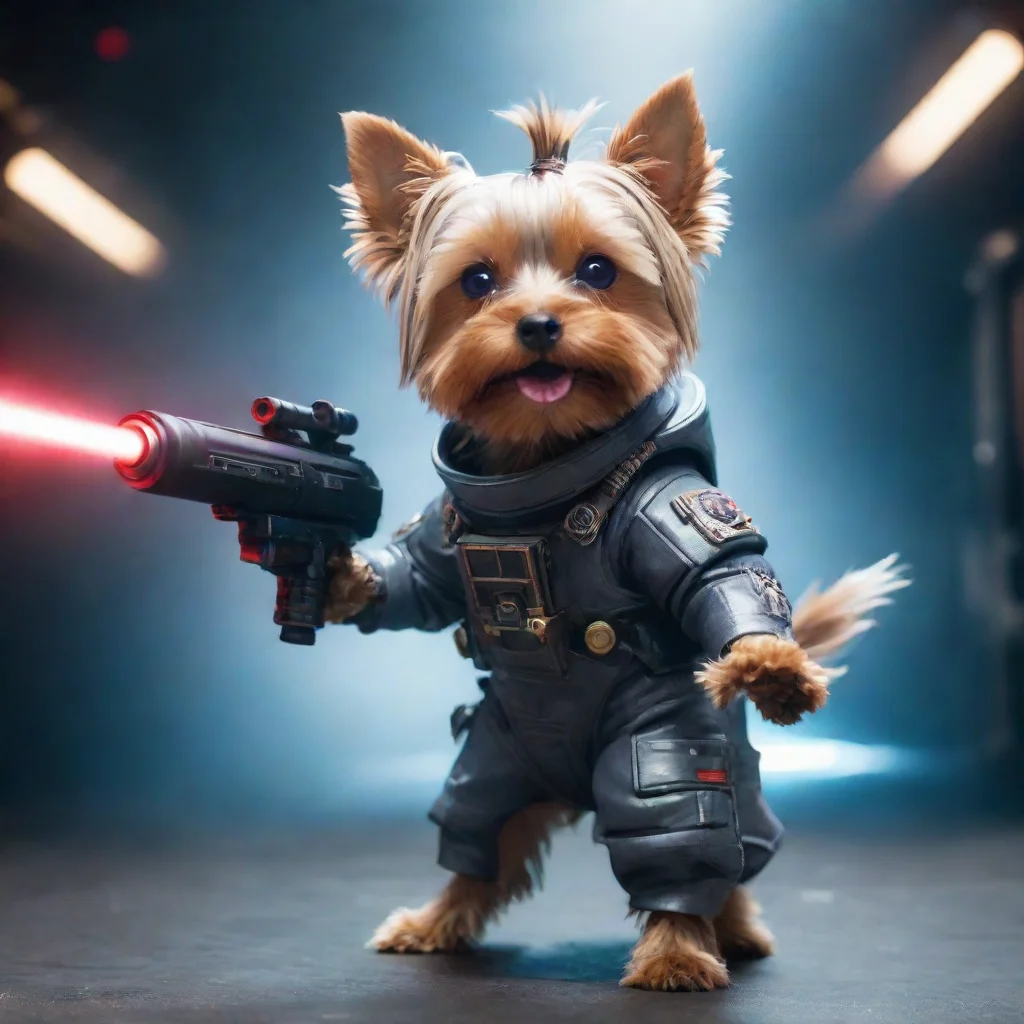 aiamazing one yorkshire terrier in a cyberpunk space suit firing big weapon laser confident awesome portrait 2