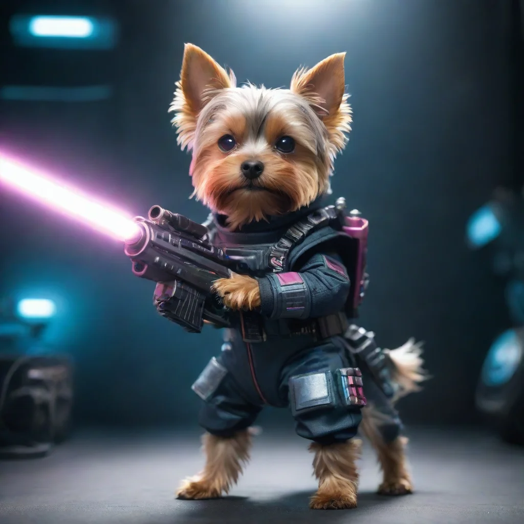 amazing one yorkshire terrier in a cyberpunk space suit firing big weapon lot lighting awesome portrait 2