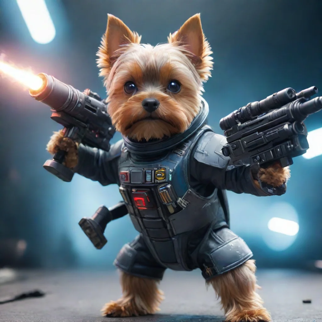 aiamazing one yorkshire terrier in a cyberpunk space suit firing big weapon lot lighting confident engaging wow 3 awesome portrait 2