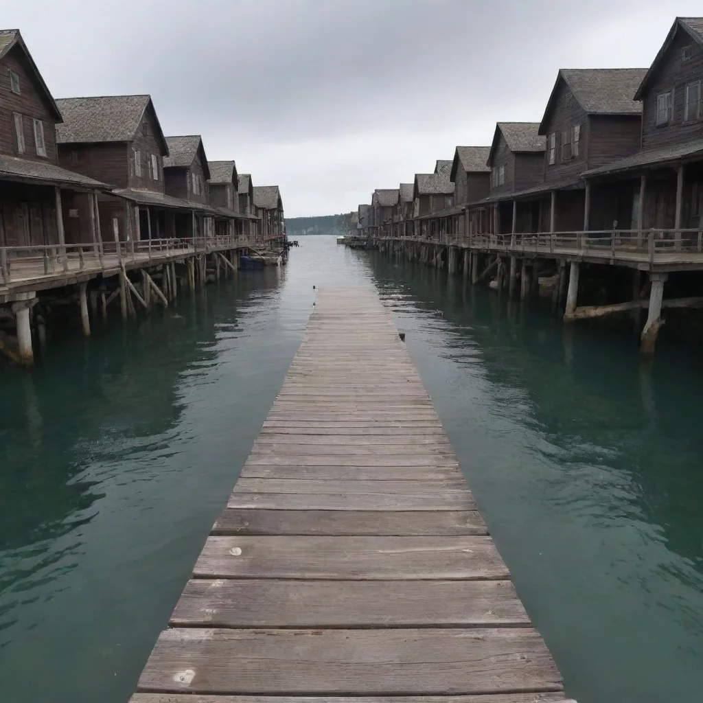 aiamazing out at sea nearing a rundown wooden town%2C rundown dock shore hd awesome portrait 2