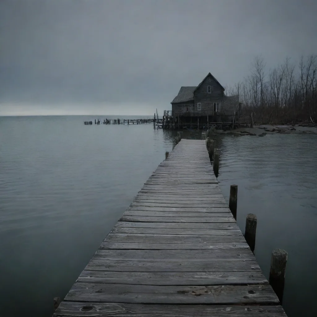aiamazing out at sea nearing a rundown wooden town%2C rundown dock shore hd spooky figure in distance awesome portrait 2