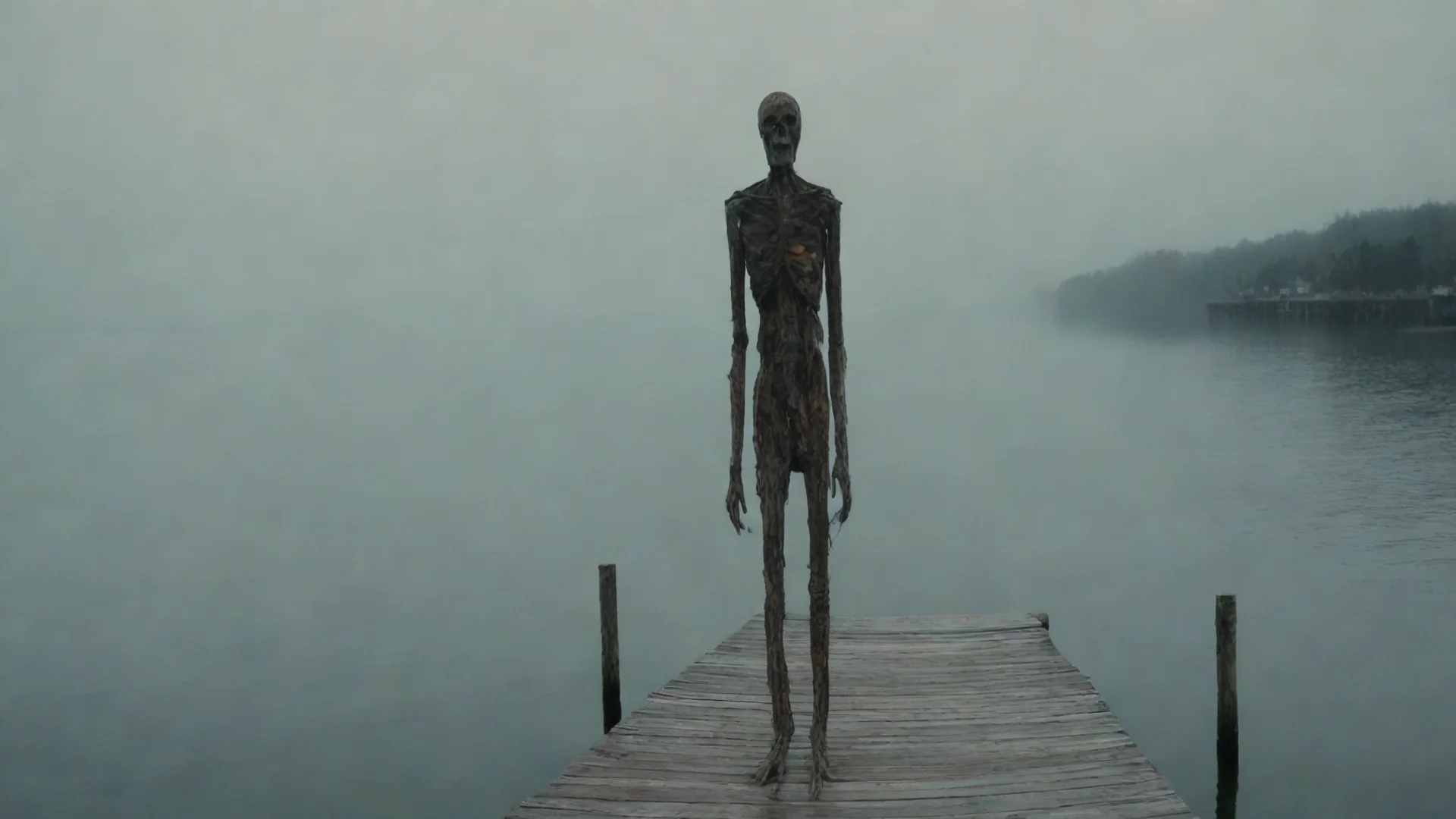 aiamazing out at sea nearing a rundown wooden town%2C rundown scary figure on dock at shore hd awesome portrait 2 wide