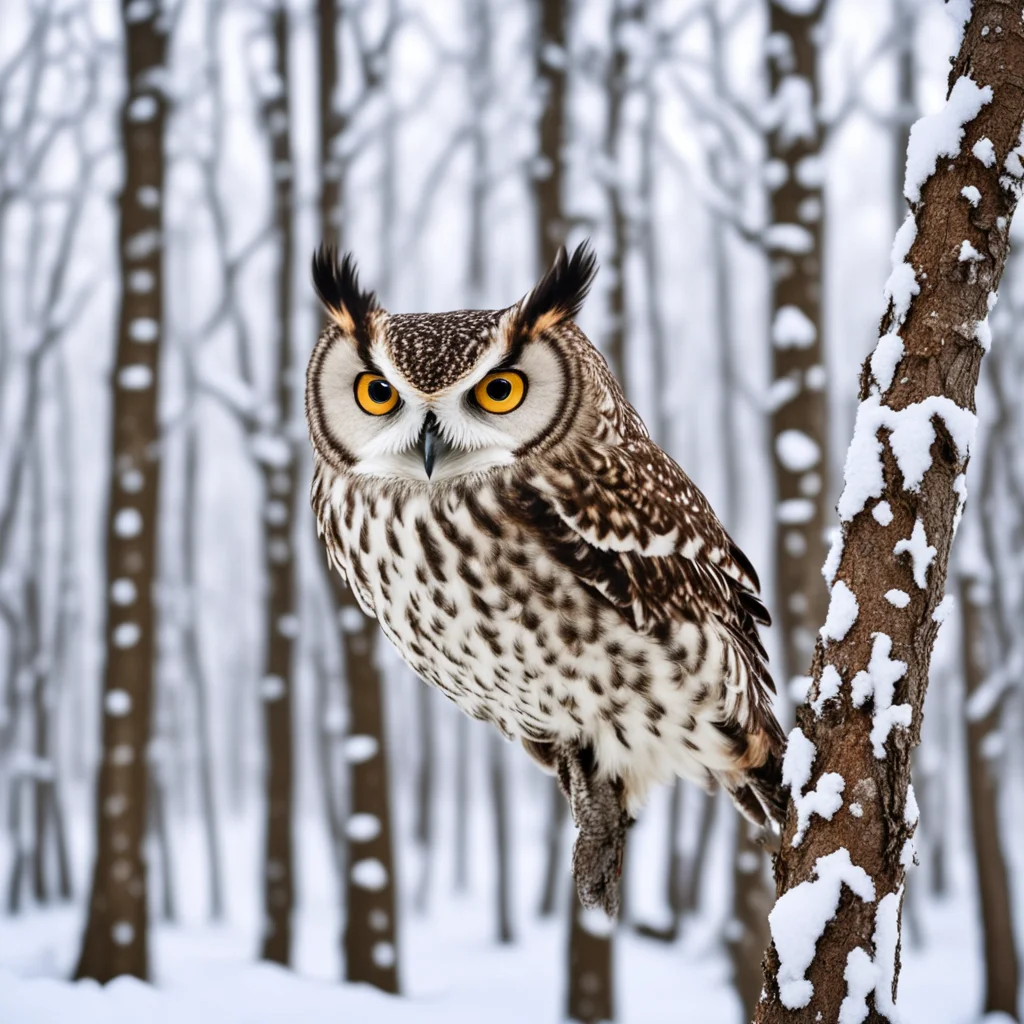 aiamazing owl sits in tree in winter forest awesome portrait 2