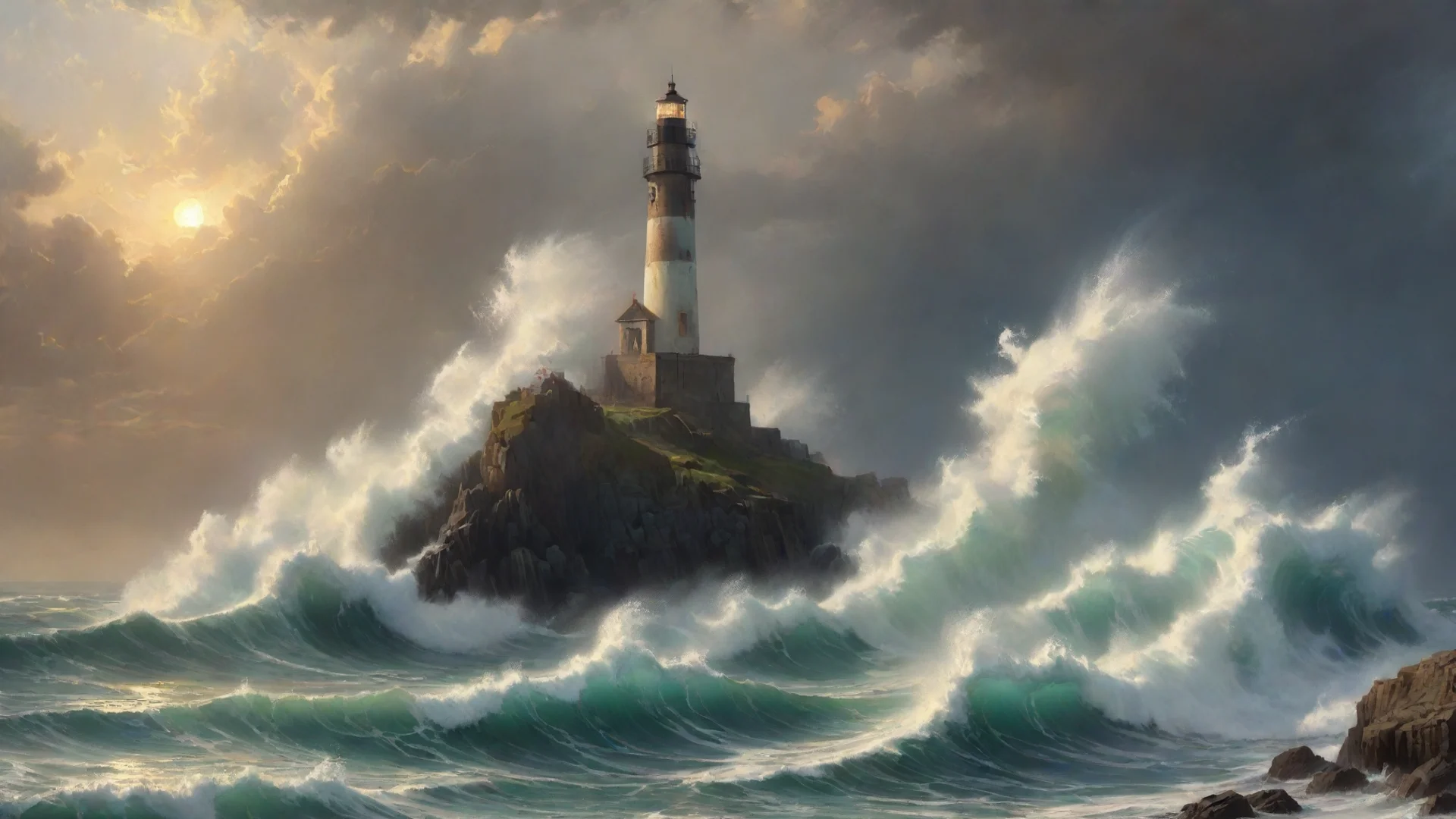 amazing painting of waves crashing against tallrocks  lighthouse  dramatic lighting trending on artstation craig mullins magical atmosphere by renato muccillo a amazing awesome portrait 2 wide