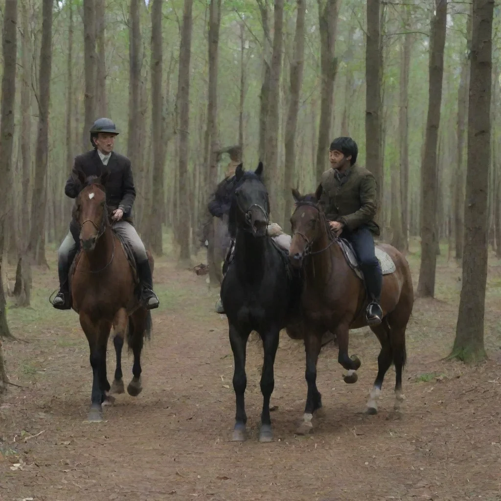 aiamazing panchi three men at the riding school are talking%2C and a horse is running in the forest awesome portrait 2
