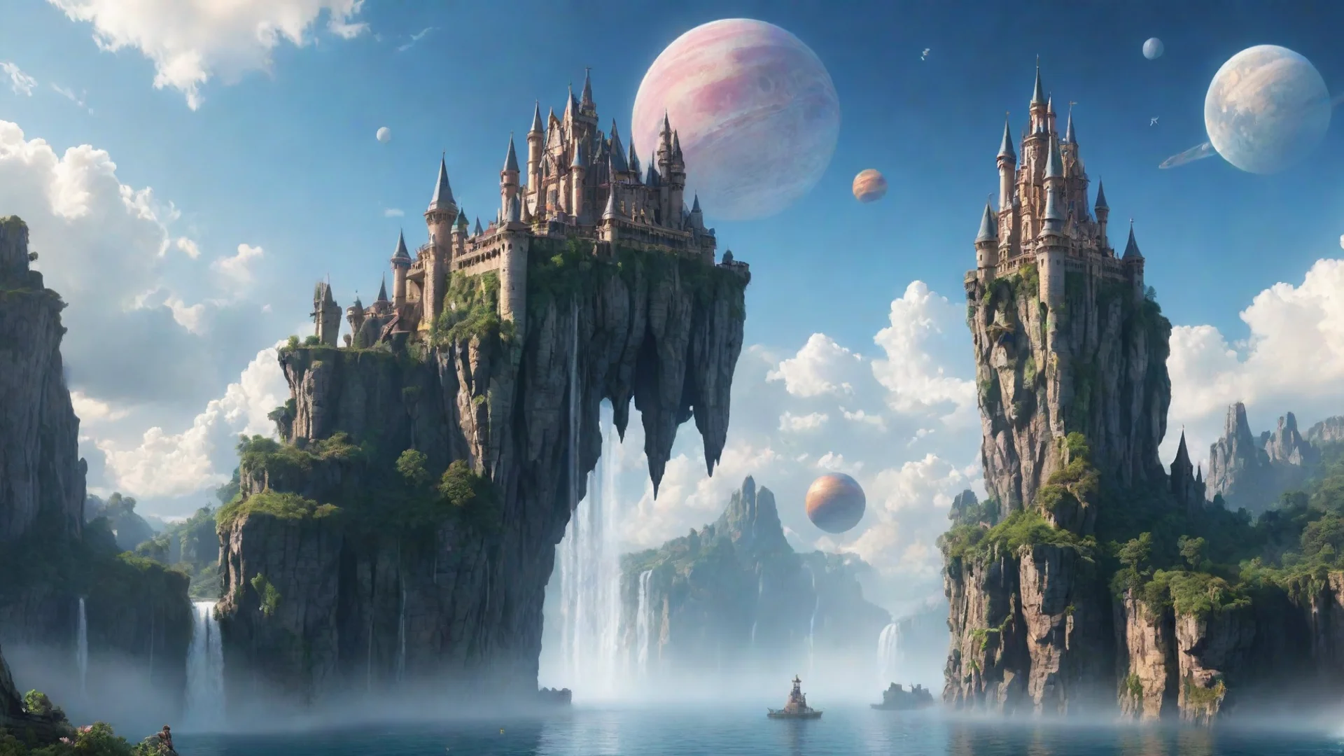 amazing peaceful castle in sky epic floating castle on floating cliffs with waterfalls down beautiful sky with saturn planets awesome portrait 2 wide