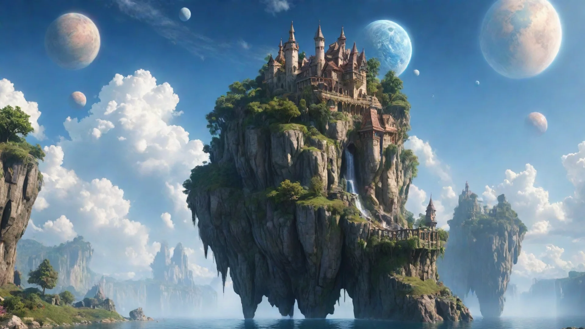 aiamazing peaceful cottage in sky epic floating castle on floating cliffs with waterfalls down beautiful sky with planets awesome portrait 2 wide