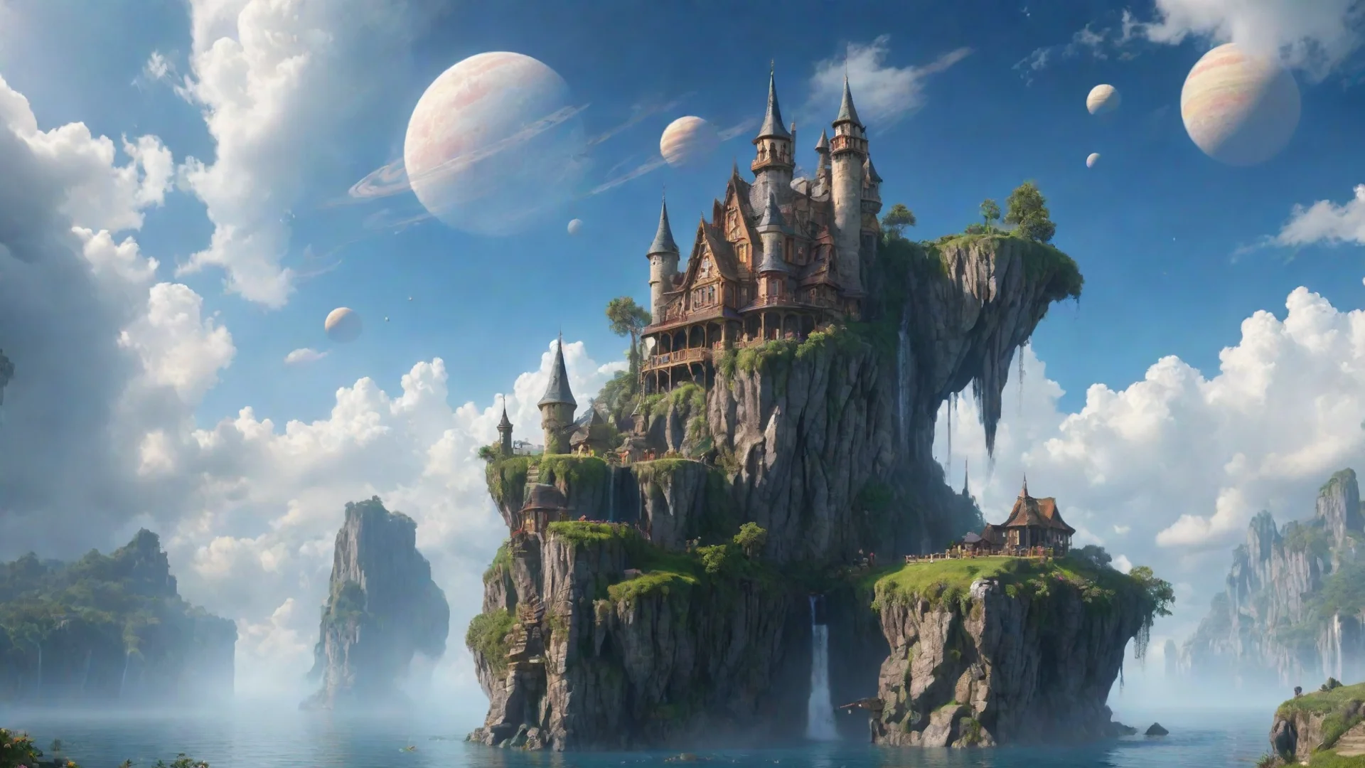 amazing peaceful cottage in sky epic floating castle on floating cliffs with waterfalls down beautiful sky with saturn planets awesome portrait 2 wide