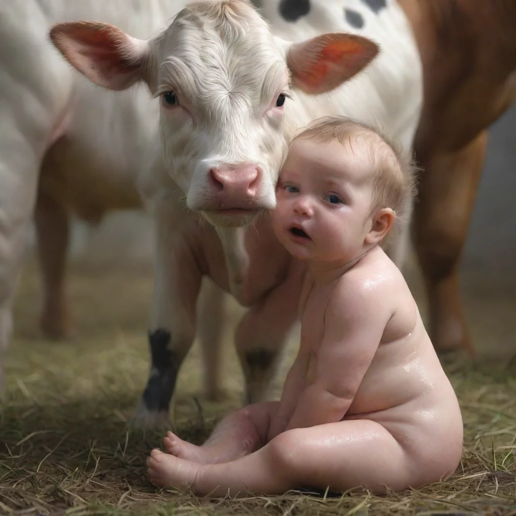 amazing photorealistic hd detailed 8k cow give birth to a little baby girl human girl with  wet %26 slimy body and cow face and eyes the baby girl awesome portrait 2